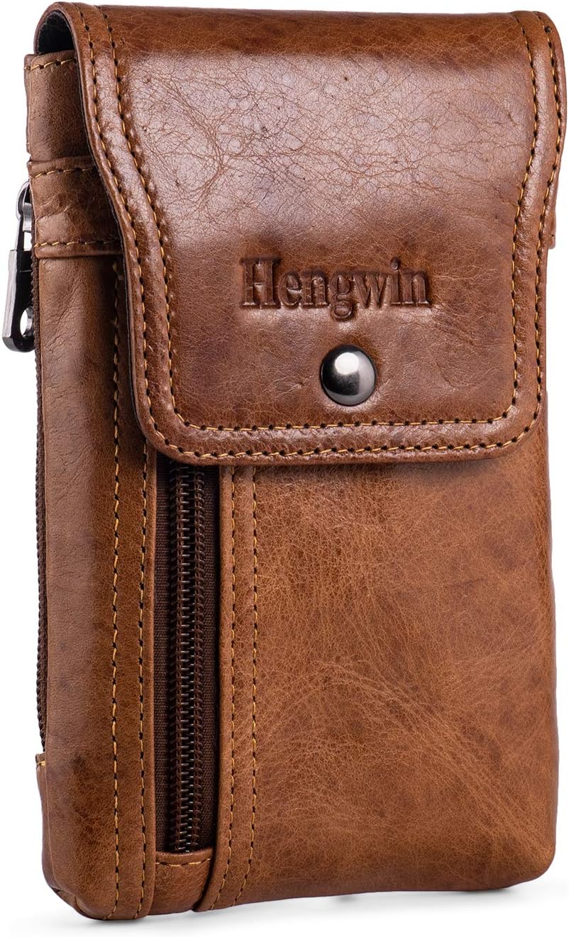 Hengwin Phone Holster Belt Case with Belt Clip, Genuine Leather Belt Pouch Cell Phone Holder Fit for iPhone 16 Plus 15 Pro Max 14 Pro Max Samsung Galaxy S25 Plus (Fit Cellphone with Case On) (Brown)