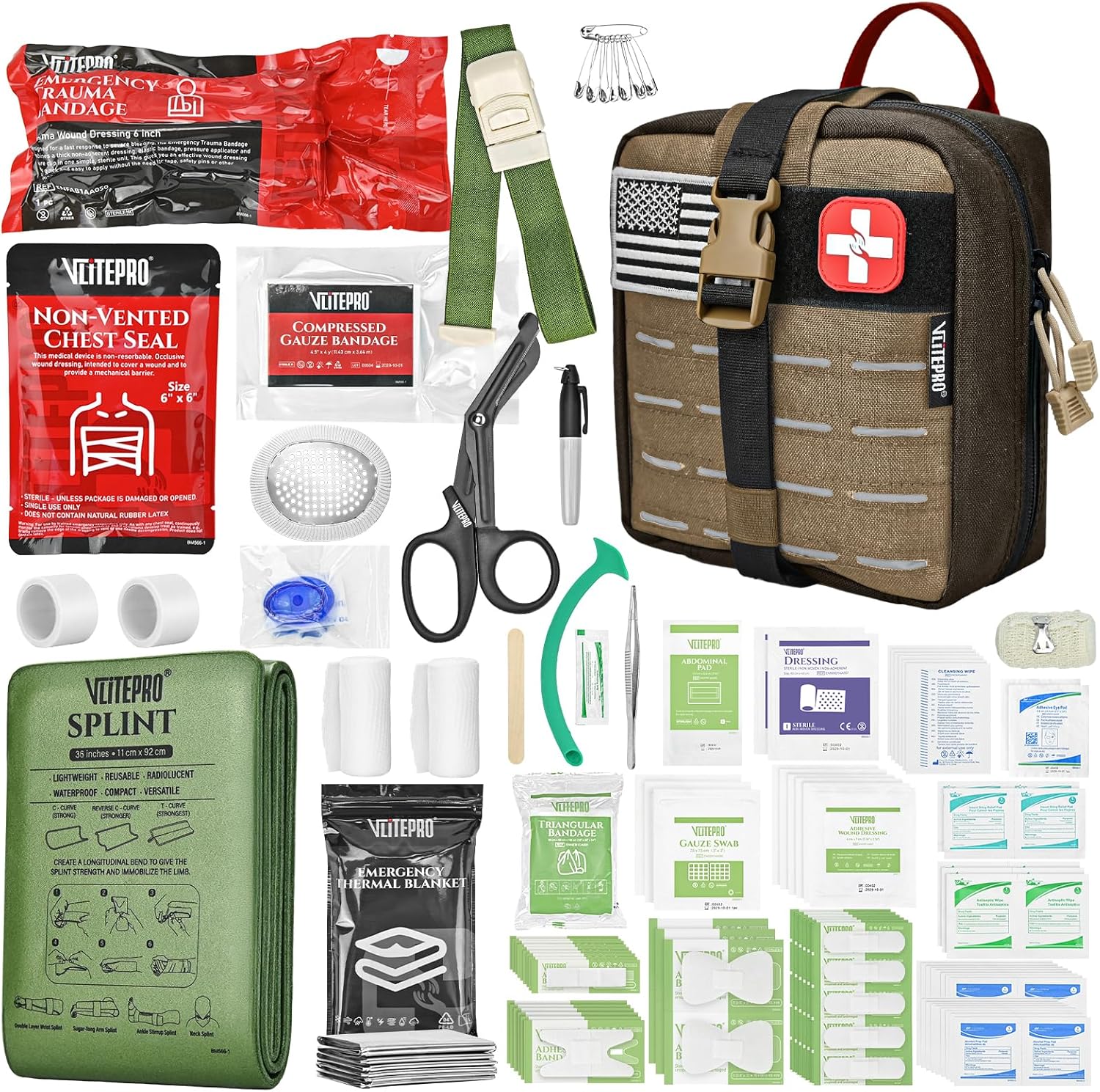144 Pcs Advanced Trauma First Aid Kit – Emergency Camping Gear with Tourniquet, Compression Bandage, 36″ Splint | Portable Survival Gear for Outdoor, Home, Camping- Gift for Husband Dad and Wife-Brown