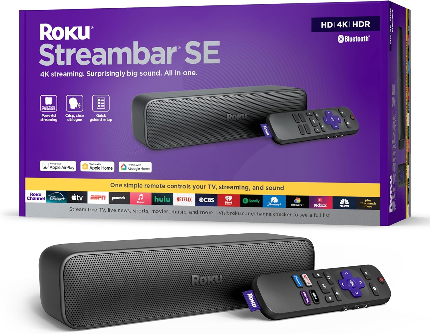 Roku Streambar SE | 2-in-1 TV Soundbar with Built-in 4K/HD/HDR Streaming, Premium Speakers, & Enhanced Speech Clarity for Crisp, Clear Dialogue – Quick Guided Simple Setup