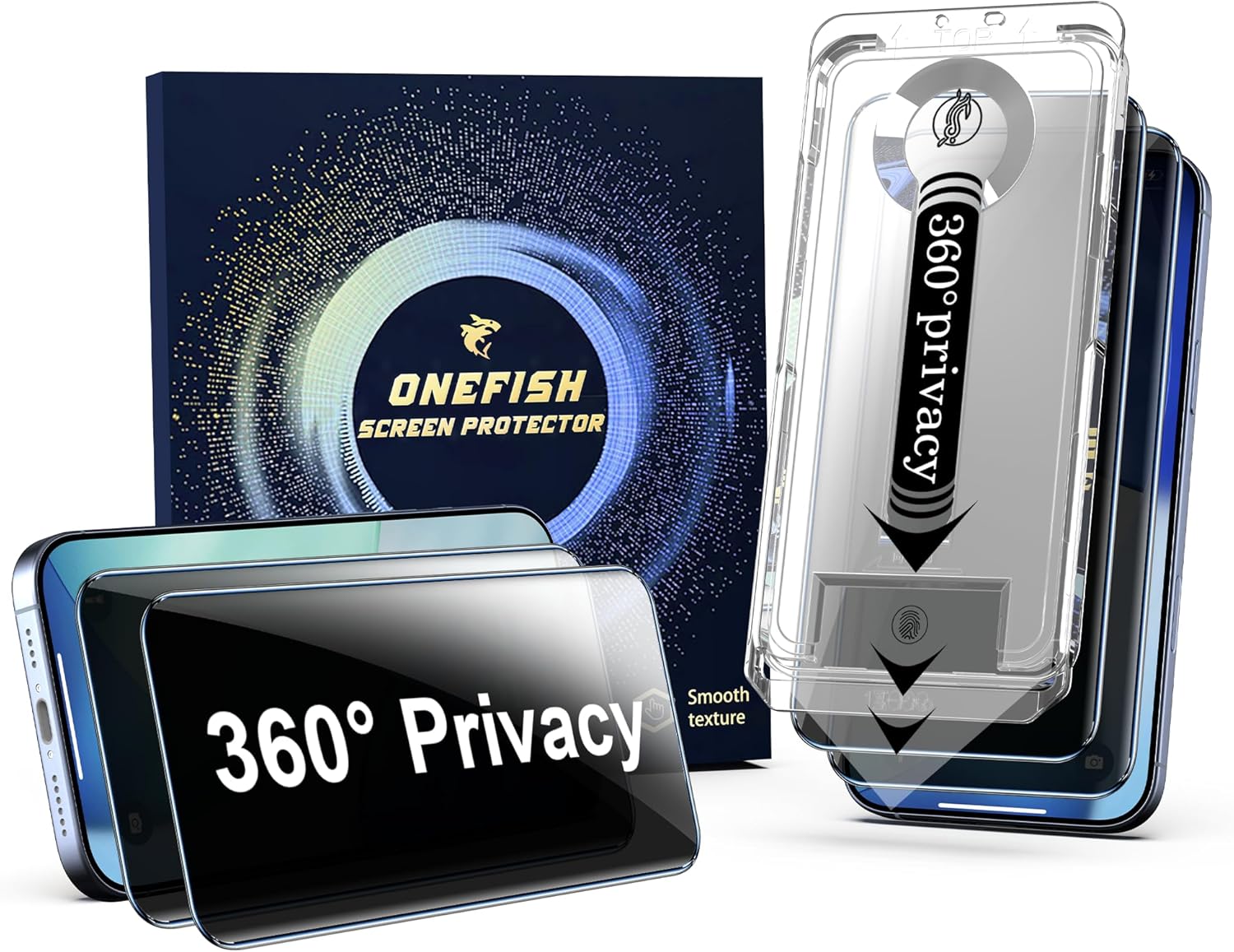 OneFish Screen Protector Privacy Compatible with iPhone 17 Pro Max 2 Pack 4 Way 360ｰ Anti-Spy Tempered Glass, 9H Hardness, 3D Curved Edges, Case-Friendly & Easy Installation