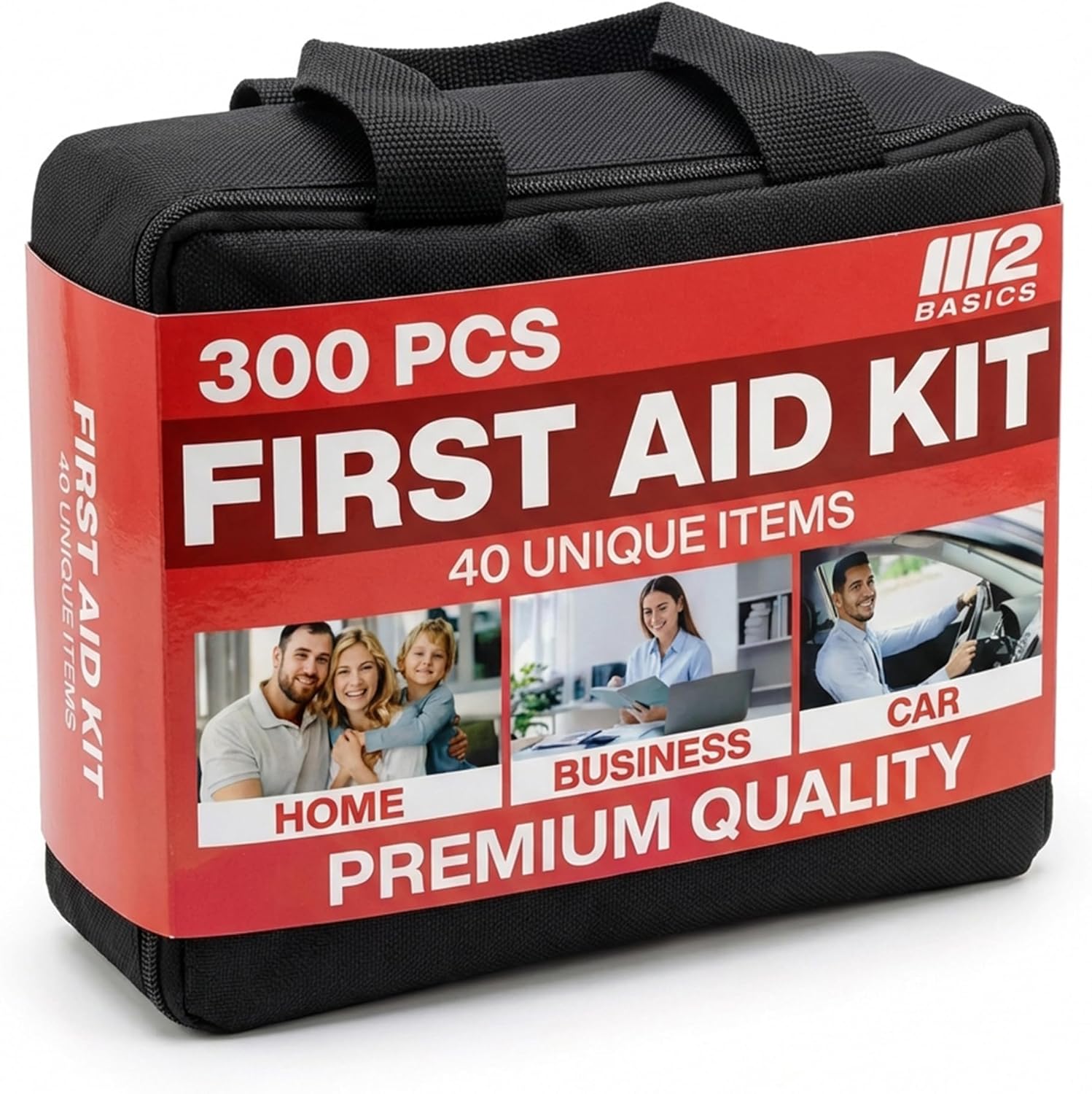 M2 BASICS Premium 300 Piece Professional First Aid Kit, 40 Unique Items, Durable Carry Bag for Home, Car, Business, Travel & Vehicle