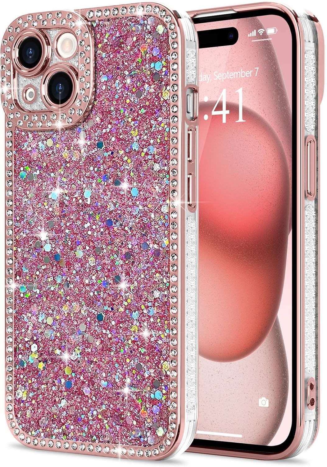Lafunda for iPhone 15 Case Glitter, Luxury Shiny Bling Sparkly Phone Cover with Crystal Diamonds Rhinestone for Women Girls Soft TPU Slim Shockproof Protective Phone Case for iPhone 15 6.1″, Pink