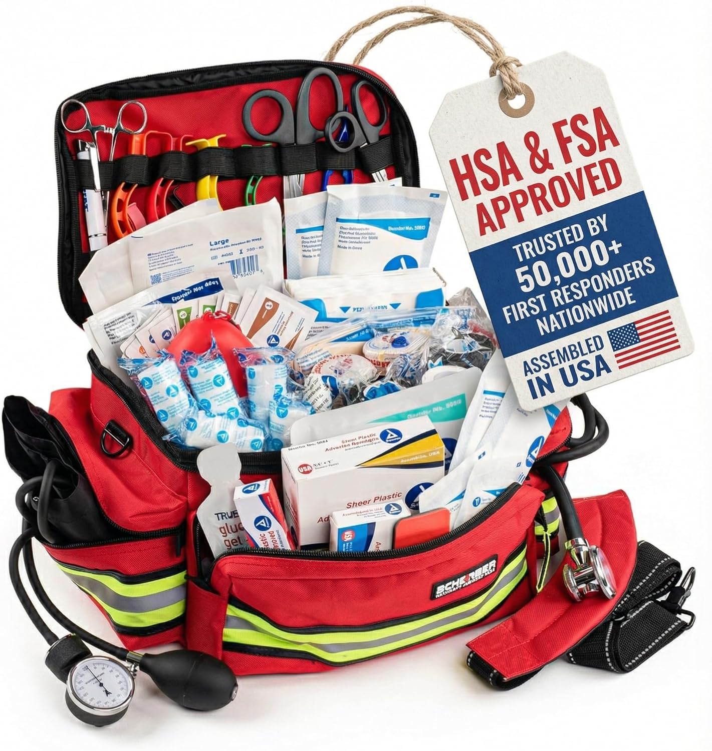 Scherber First Responder Fully-Stocked Professional Essentials EMT/EMS Trauma Kit | HSA/FSA Approved | Reflective Bag w/8 Zippered Pockets & Compartments & 200+ First Aid Supplies – Red