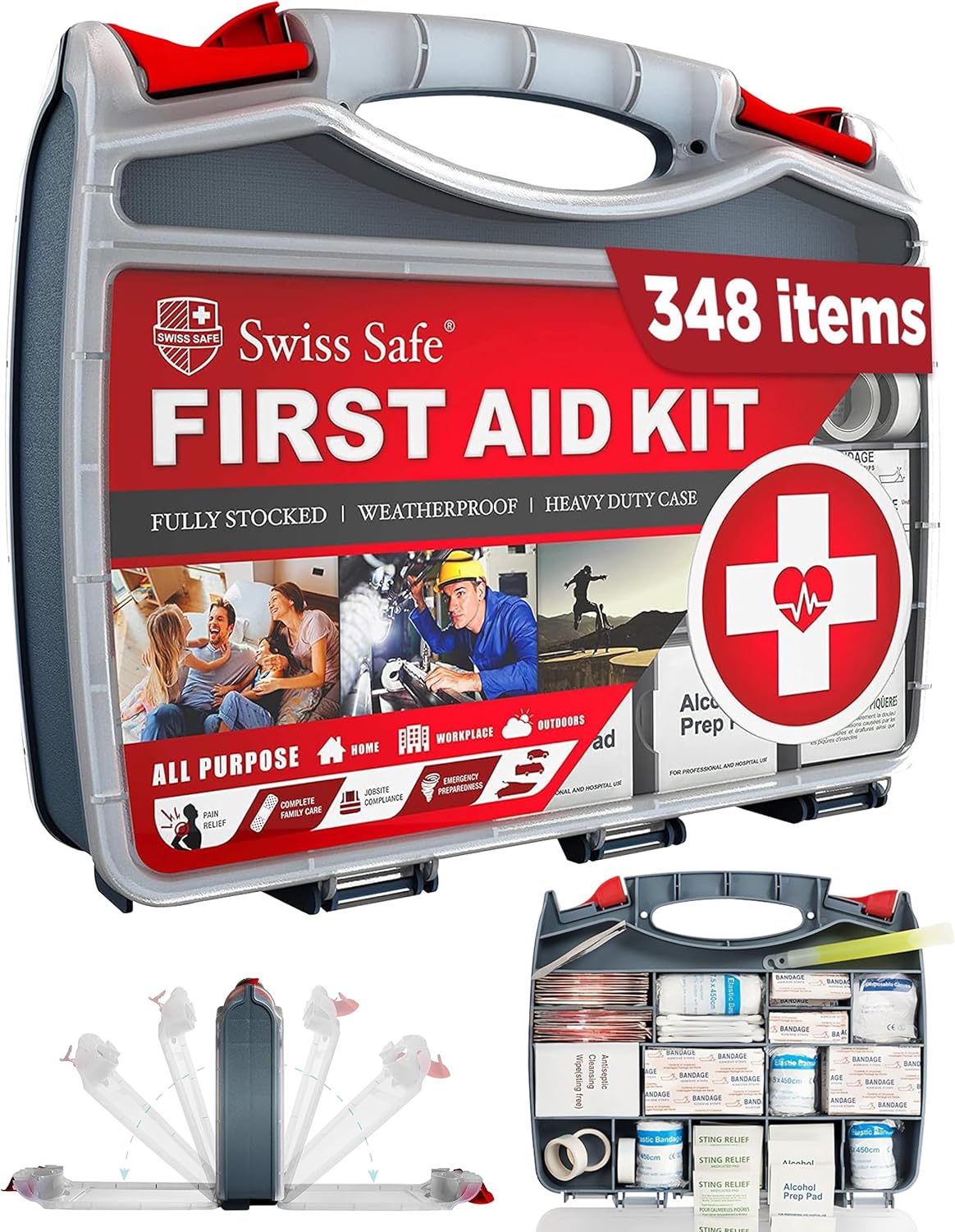 Swiss Safe 2-in-1 First Aid Kit for Car, Travel & Home, Businesses – Bonus Mini Kit for Medical Emergency Aid, Survival, Camping – FSA & HSA Eligible – 348 Pcs, Large Hardcase FAK