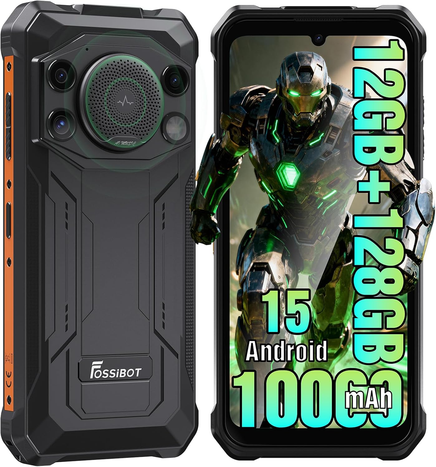 FOSSIBOT 12GB+128GB /2TB Rugged CallPhone, F110L Android 15 Smartphone, 10000mAh Unlocked Phone,128dB Loud Volume 6.745″ 50MP Camera Waterproof Phone Dual SIM/Camping Light (2026 Orange)