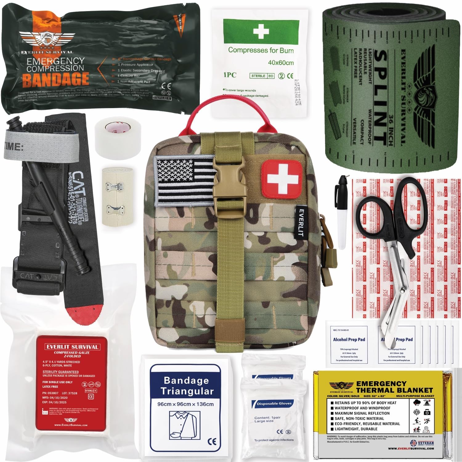 EVERLIT Emergency Trauma Kit, CAT GEN-7 Tourniquet 36″ Splint, Military Combat Tactical IFAK for Critical Wounds First Aid, Gun Shots, Severe Bleeding Control (Camouflage)