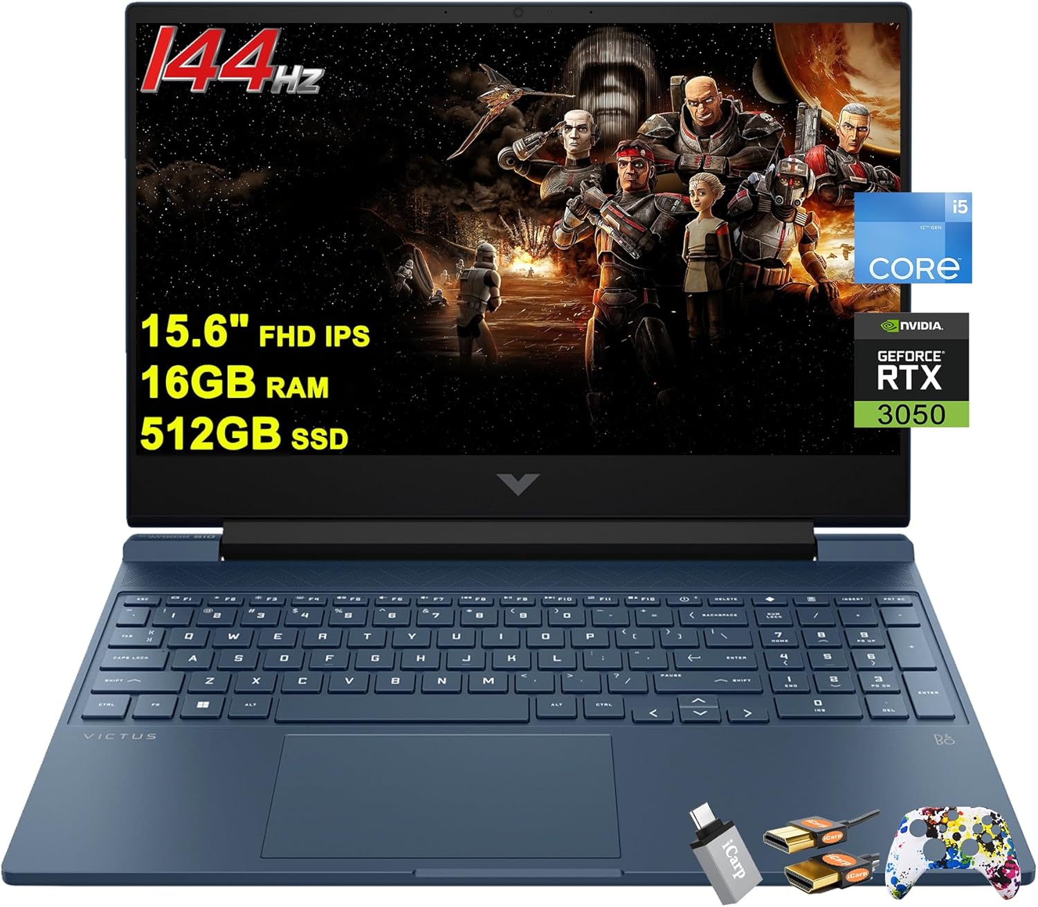 HP Victus 15 Gaming Laptop 15.6” FHD IPS Anti-Glare 144Hz Intel 8-core i5-12450H (Beat i7-11800H) 16GB RAM 512GB SSD GeForce RTX 3050 Backlit B&O Fast Charging Win11 Blue w/ICP Accessory