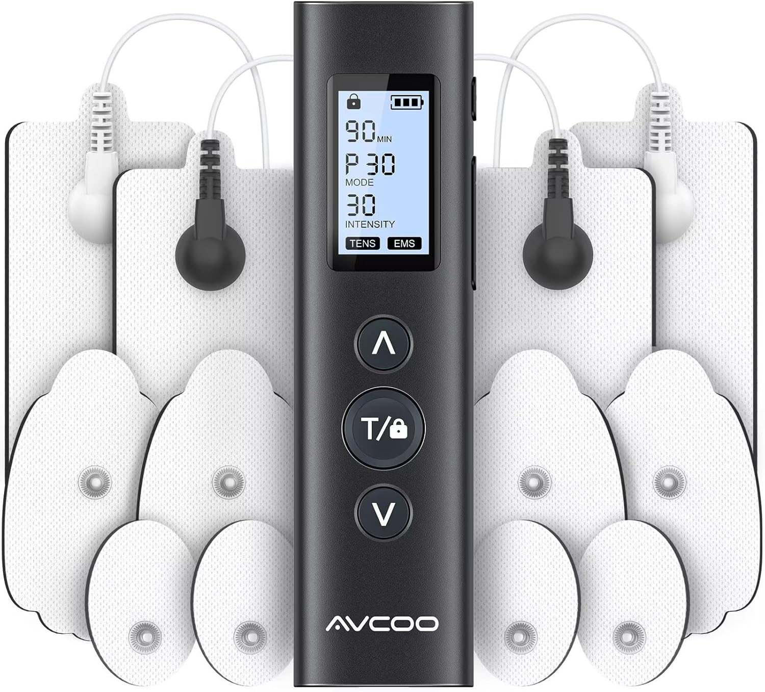 AVCOO 30 Modes TENS EMS Unit Compact Muscle Stimulator for Pain Relief of Back, Shoulder, Neck, Rechargeable & Portable Dual Channel EMS Muscle Stimulator with 30 Intensity Levels, 12 Electrode Pads