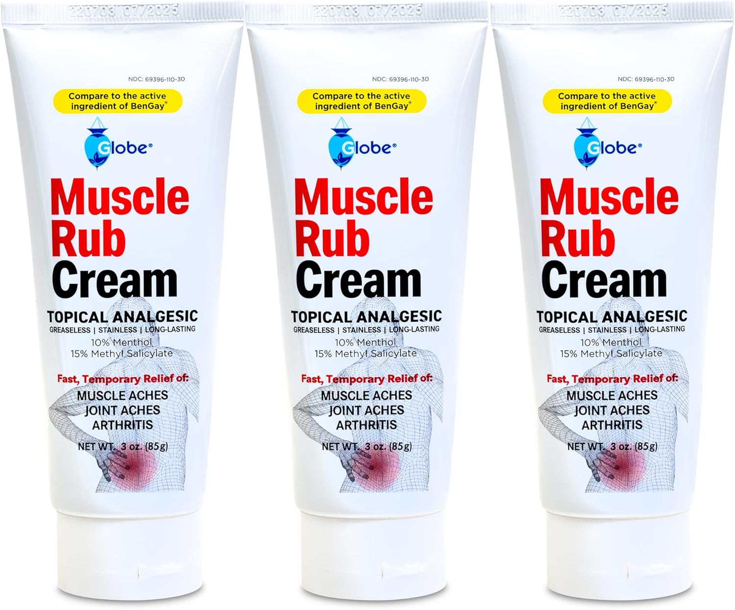 (3 Pack) Globe Ultra Strength Greaseless Muscle Rub Cream (3 oz). Compare to The Active Ingredients of Greaseless Bengay, 10% Menthol & 15% Methyl Salicylate (3 Pack)
