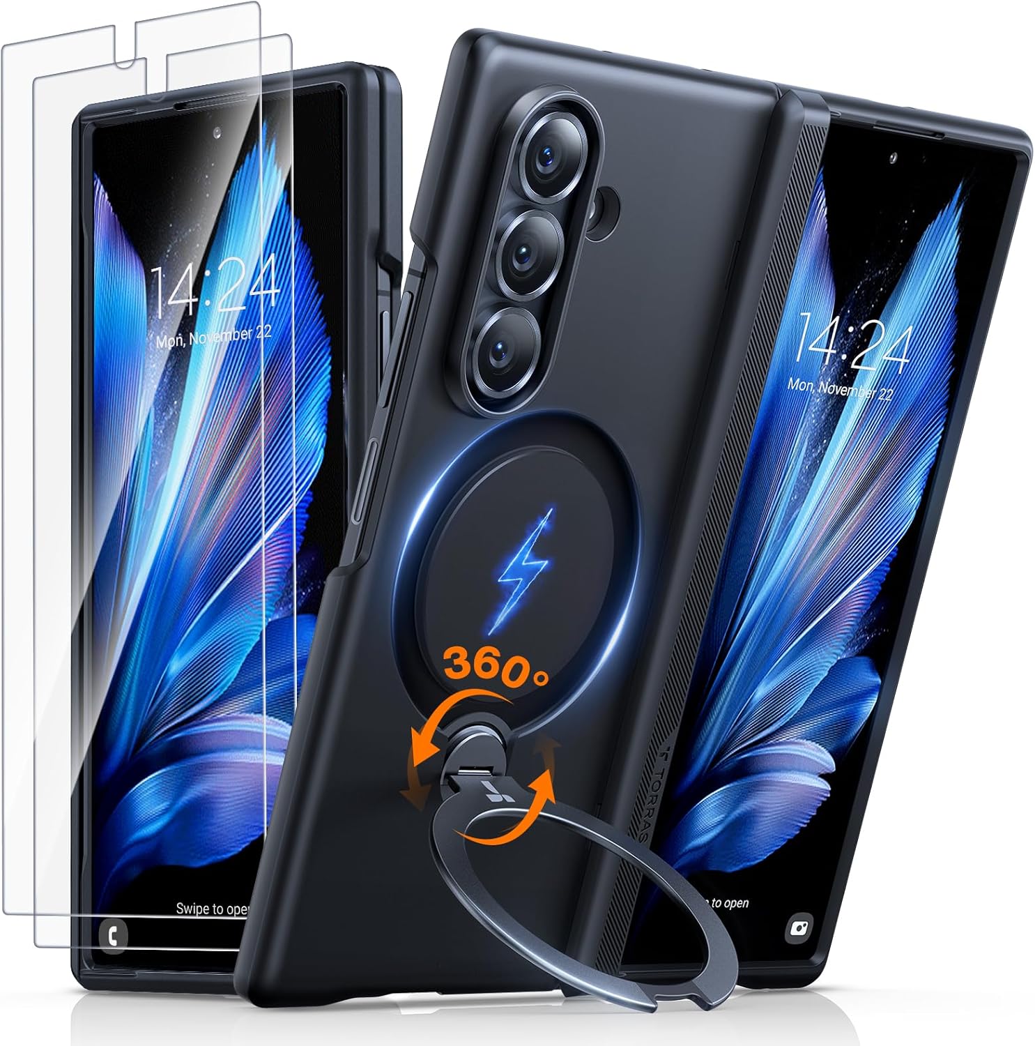 TORRAS 360 Spin Magnetic Stand for Galaxy Z Fold 7 Case, MIL-Grade Hinge Protection, Fit for Magsafe, 360 Kickstand & Ring Holder, Armor Hard Slim Case for Samsung Galaxy Z Fold 7, Black