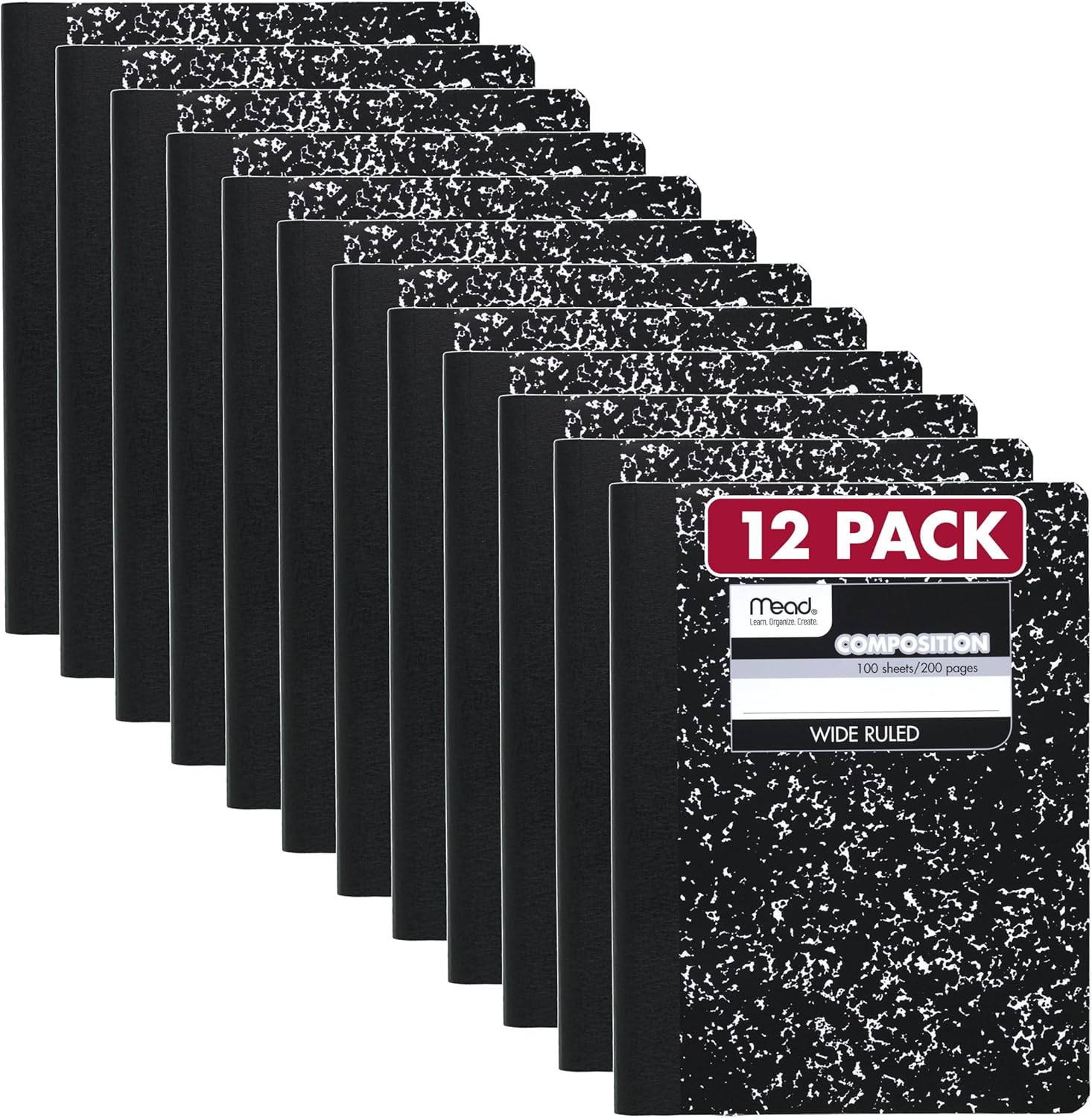 Mead Composition Notebook, 12 Pack, Wide Ruled Paper, 7-1/2″ x 9-3/4″, 100 Sheets per Comp Book, Black Marble (72936)