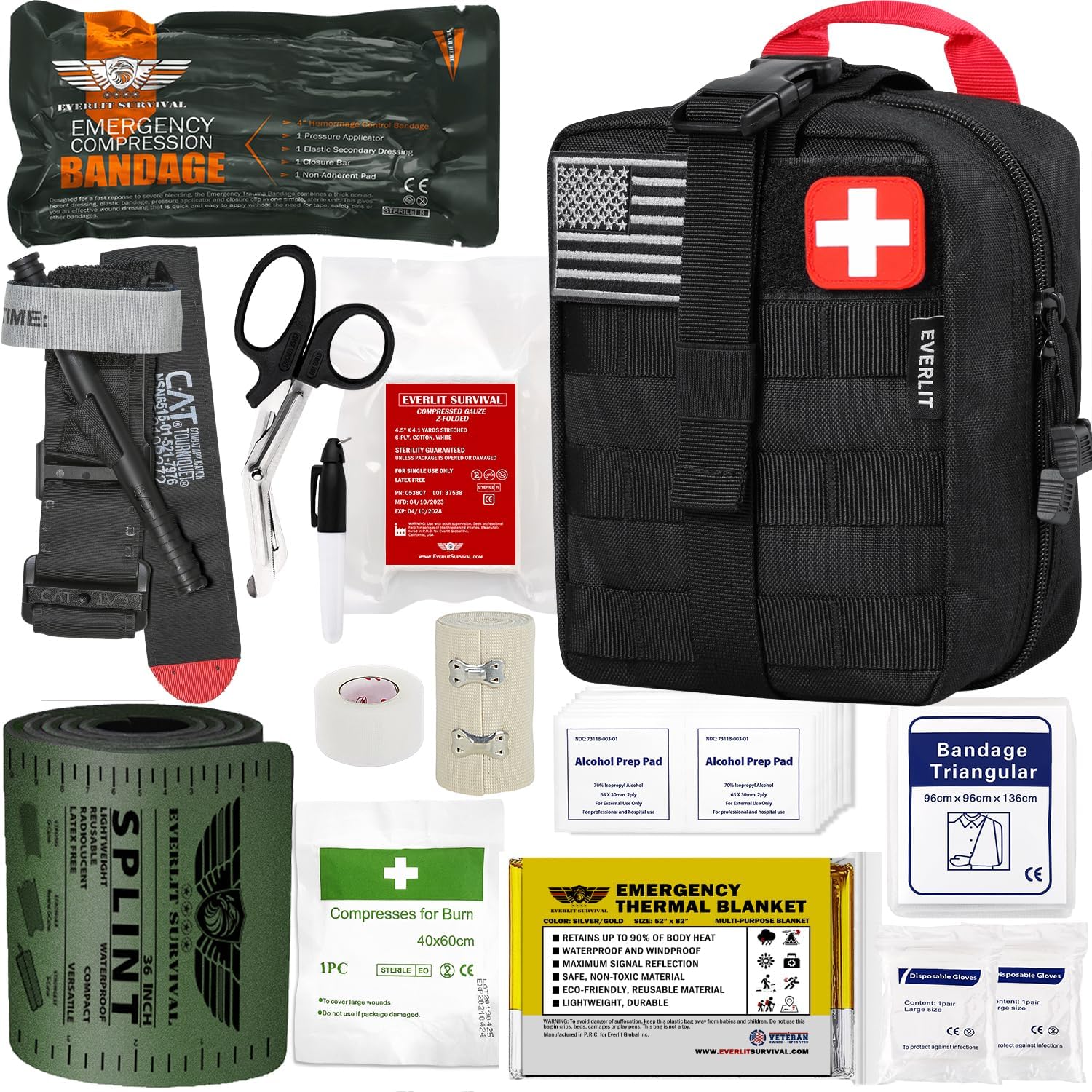 EVERLIT Emergency Trauma Kit, CAT GEN-7 Tourniquet 36″ Splint, Military Combat Tactical IFAK for First Aid Response, Critical Wounds, Severe Bleeding Control (Black)