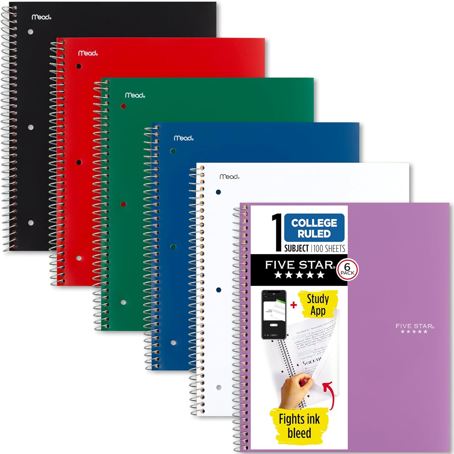 Five Star Spiral Notebook + Study App, 6 Pack, 1 Subject, College Ruled Paper, 8-1/2″ x 11″, 100 Sheets, Fights Ink Bleed, Water Resistant Cover, Assorted Colors (38052)