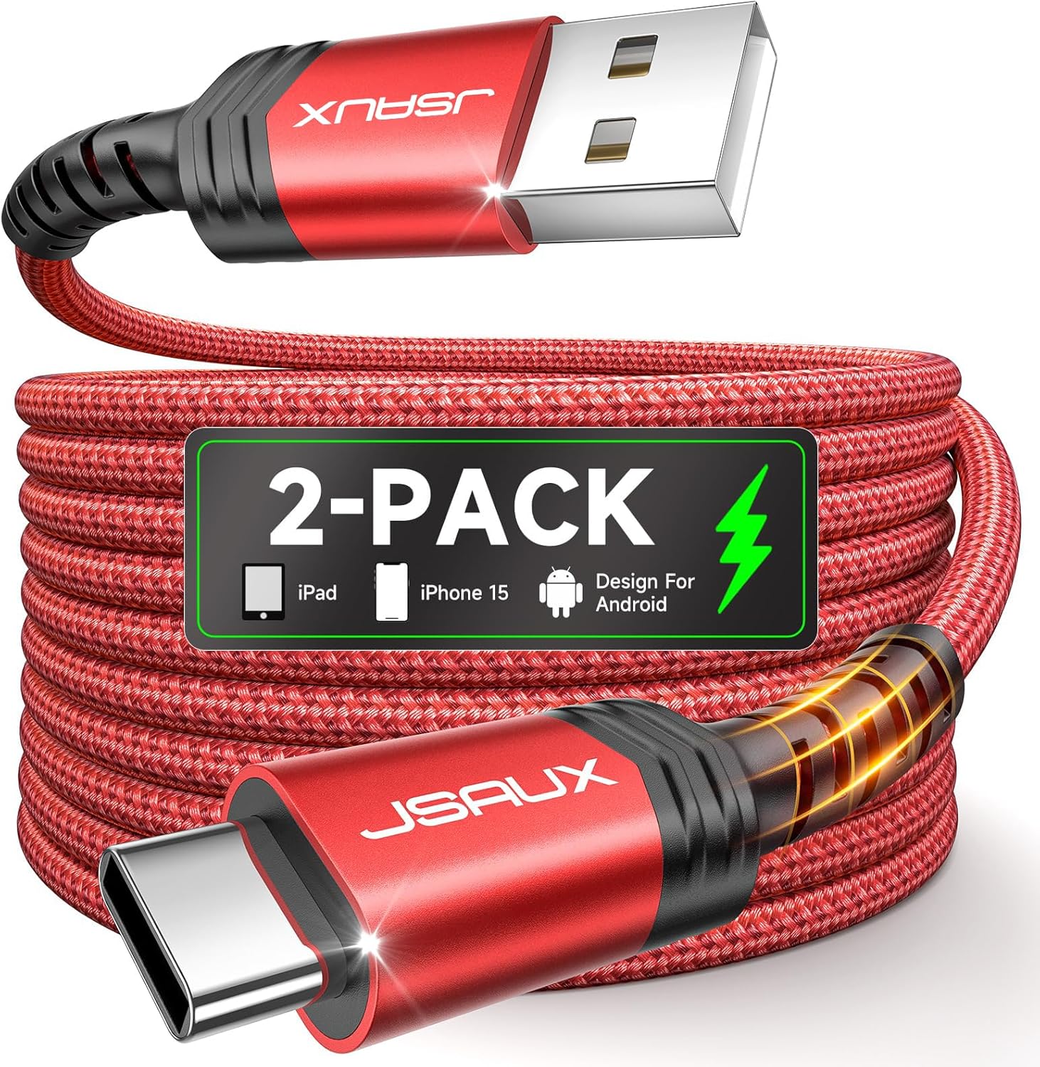 JSAUX USB C Cable [2-Pack 6.6ft], USB A to USB Cord Fast Charging for iPhone 17, iPhone Air, iPhone 17 Pro, iPhone 17 Pro Max, iPhone 16/iPhone 15 Series, Samsung S20 S10, Note 20 10, Car Play – Red