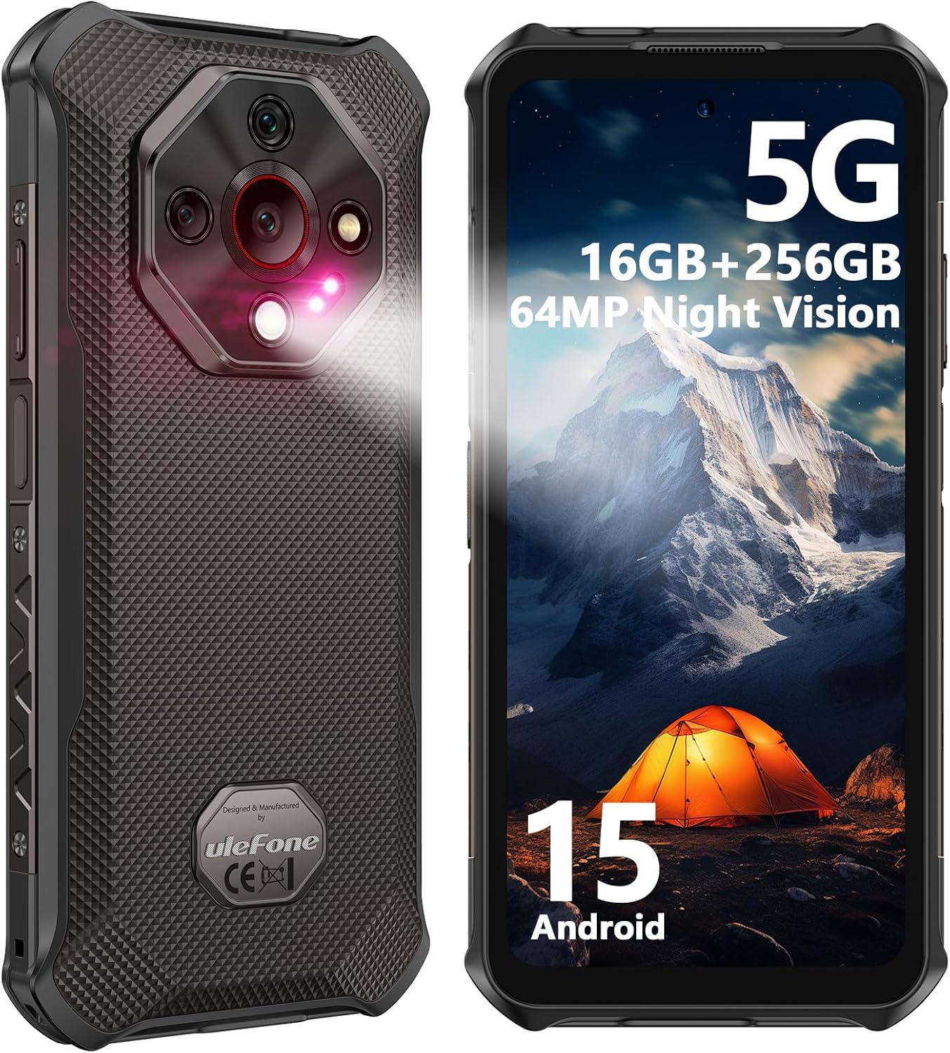 Ulefone Armor X16 Pro 5G Rugged Phone, 16GB+256GB/2TB, MTK Dimensity 6300 Android 15, 10360mAh(33W) 64MP+25MP Night Vision 6.56″ 120Hz Display, Dual 5G, Waterproof, Widevine L1, NFC – Wasteland Shadow