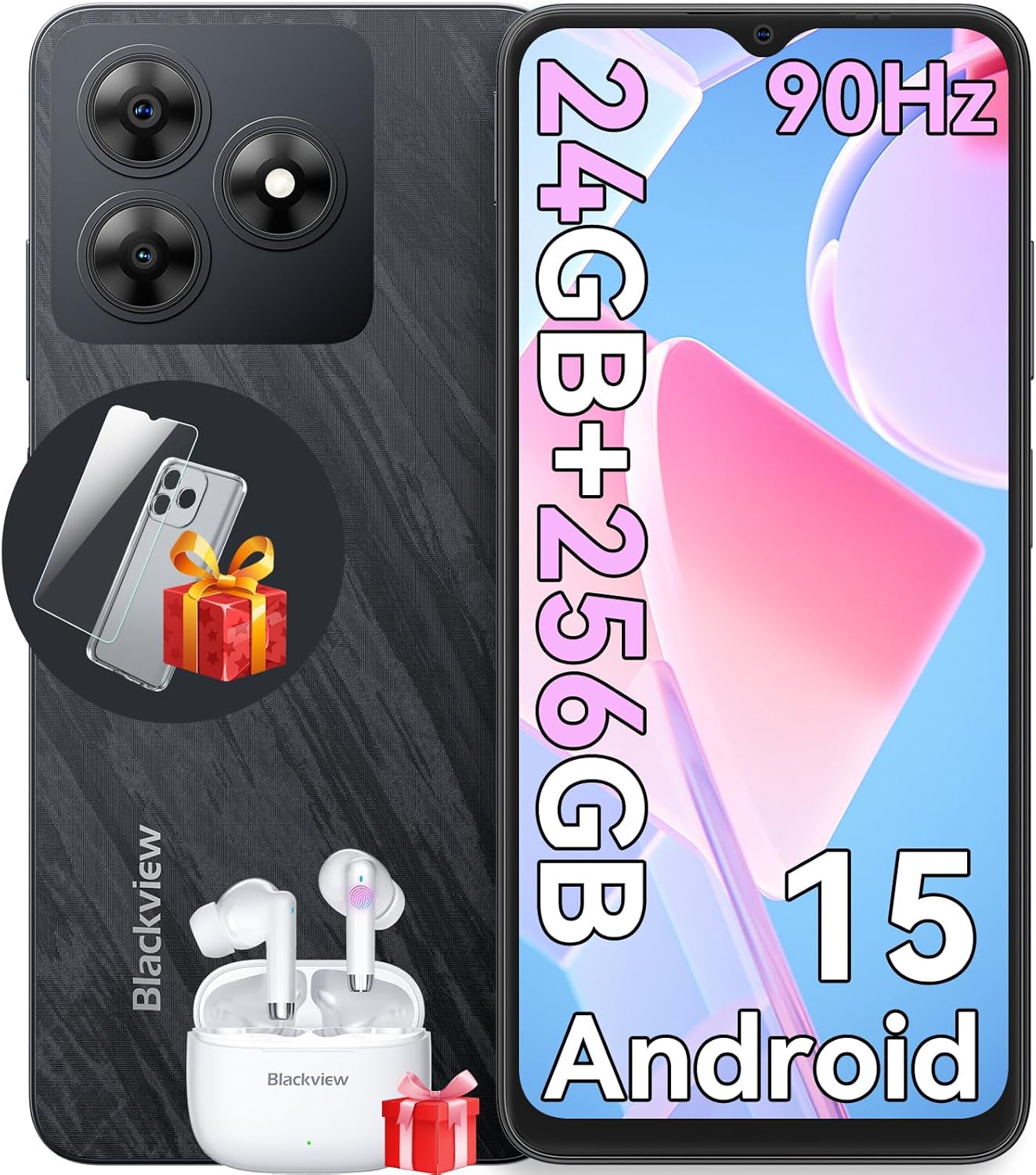 Blackview WAVE 8 Unlocked Phones, Android 15 Smartphones 24GB+256GB/2TB, 4G Octa-Core, 13MP+8MP AI Camera 5000mAh/10W Cell Phone, 6.56″ HD+, GPS/OTG, Fingerprint/Face ID Mobile Phones, Black Celulares