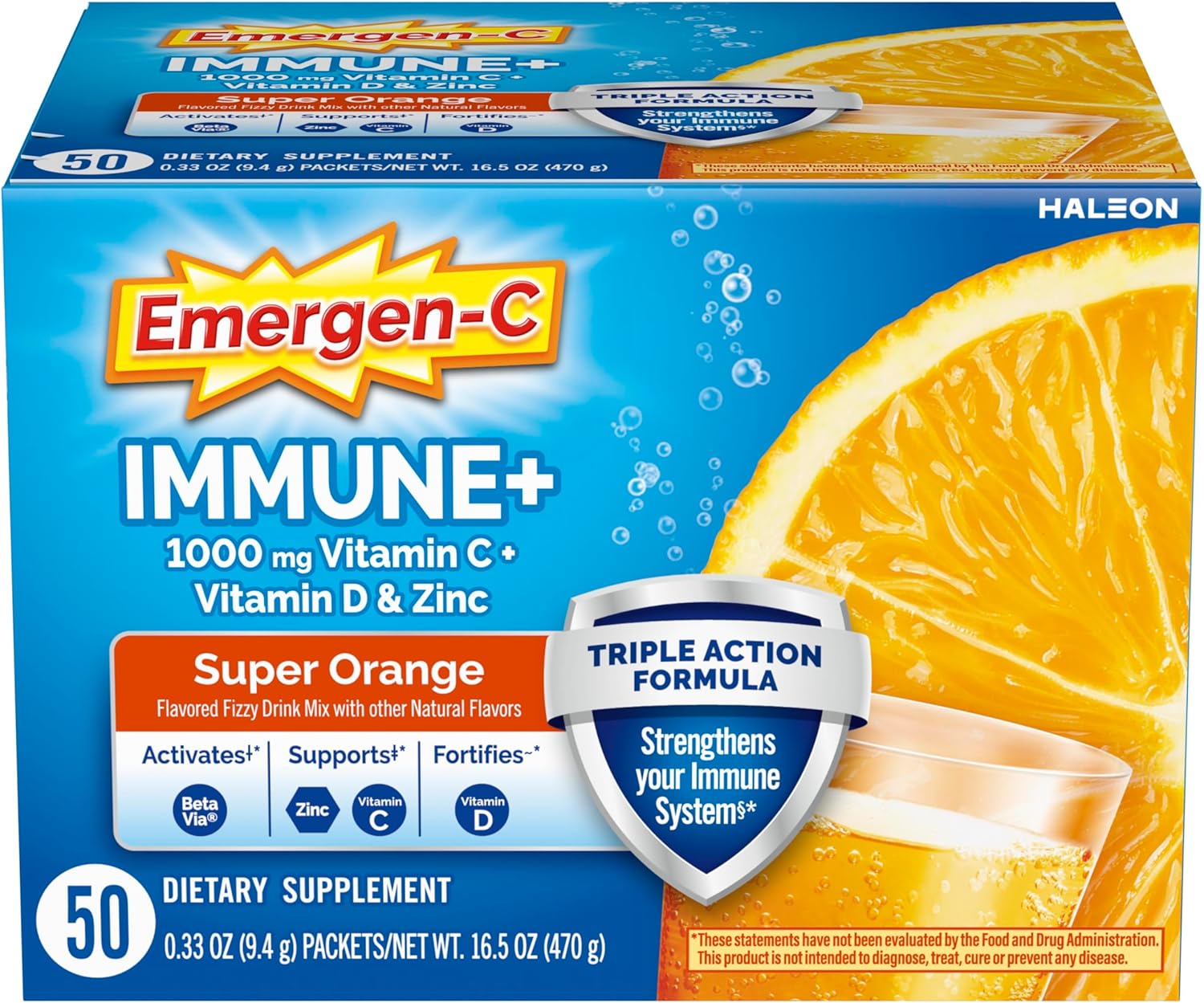 Emergen-C Immune+ Triple Action Immune Support Powder, BetaVia (R), 1000mg Vitamin C, B Vitamins, Vitamin D and Antioxidants, Super Orange, Back to School Essentials – 50 Count