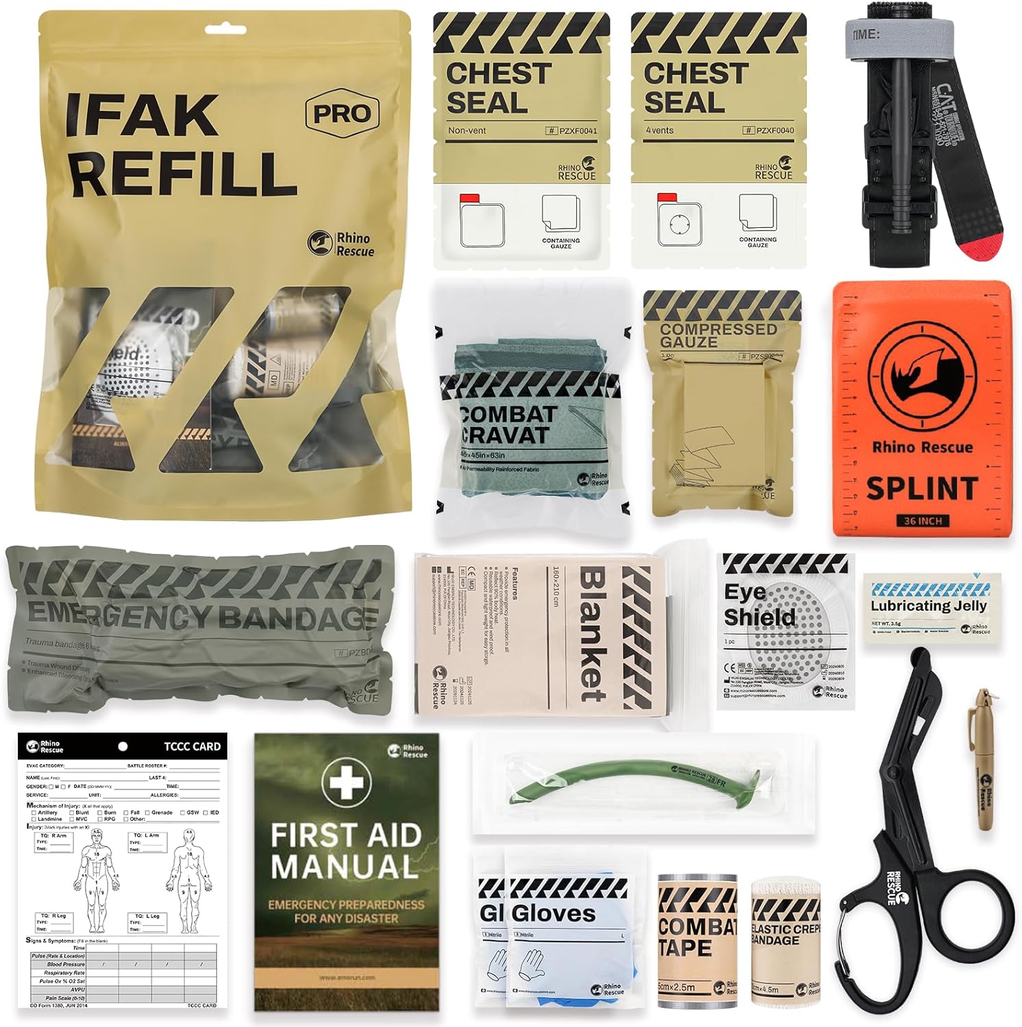 RHINO RESCUE IFAK Refill Kit 17Pcs with CAT Gen-7 Tourniquet, Emergency Tactical First Aid Kit Medical Supplies, IFAK Trauma Kit Combat Pack for Trauma Wound Care, Gunshot, Car & Camping(Brown)