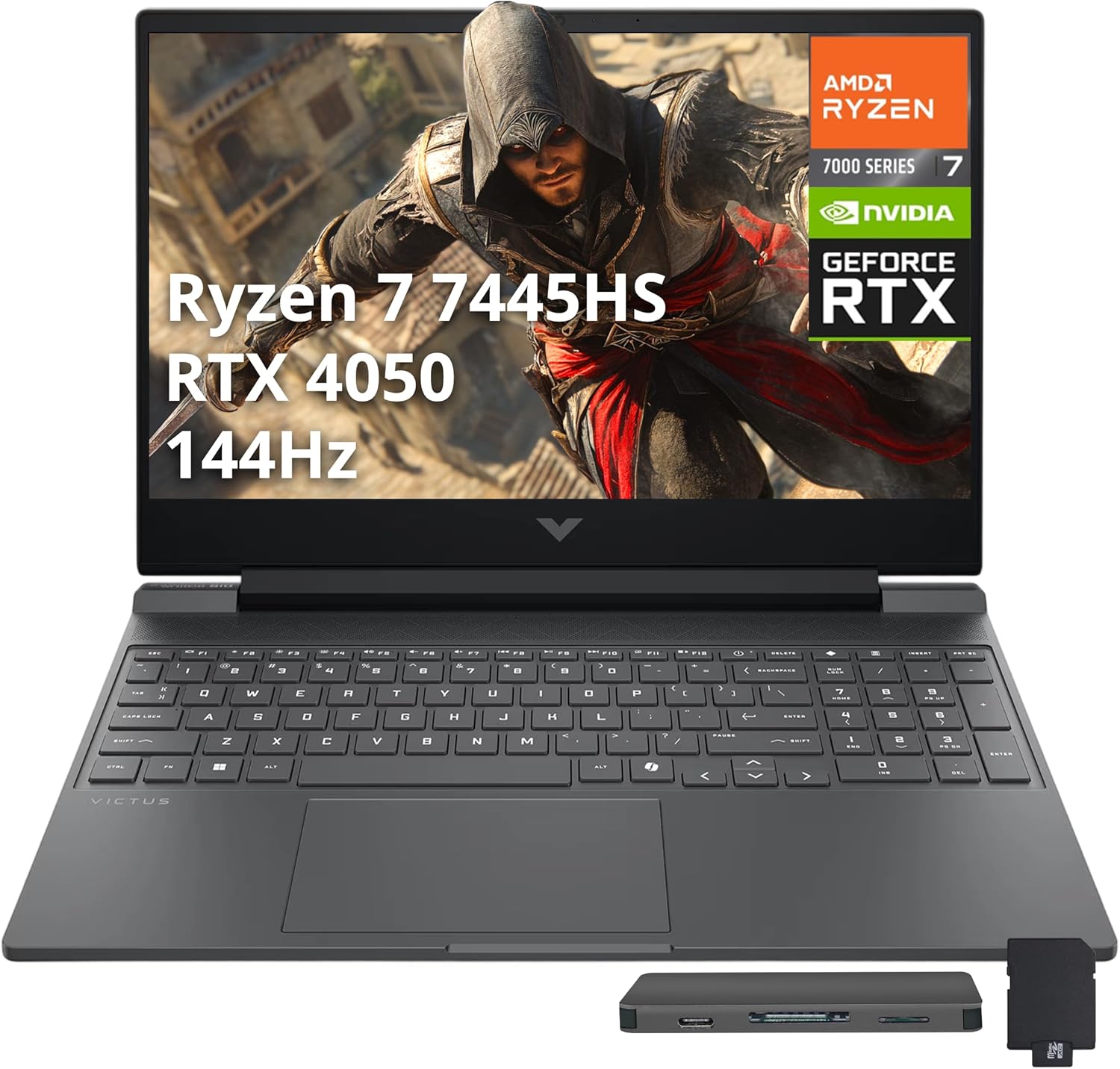 HP Victus 15.6″ FHD 144Hz Gaming Laptop, AMD Ryzen 7 7445HS, GeForce RTX 4050, 16GB DDR5, 1.5TB Storage (512GB SSD+1TB Docking Station Set), Backlit Keyboard, Copilot, Wi-Fi 6, Win 11 Pro, Mica Silver