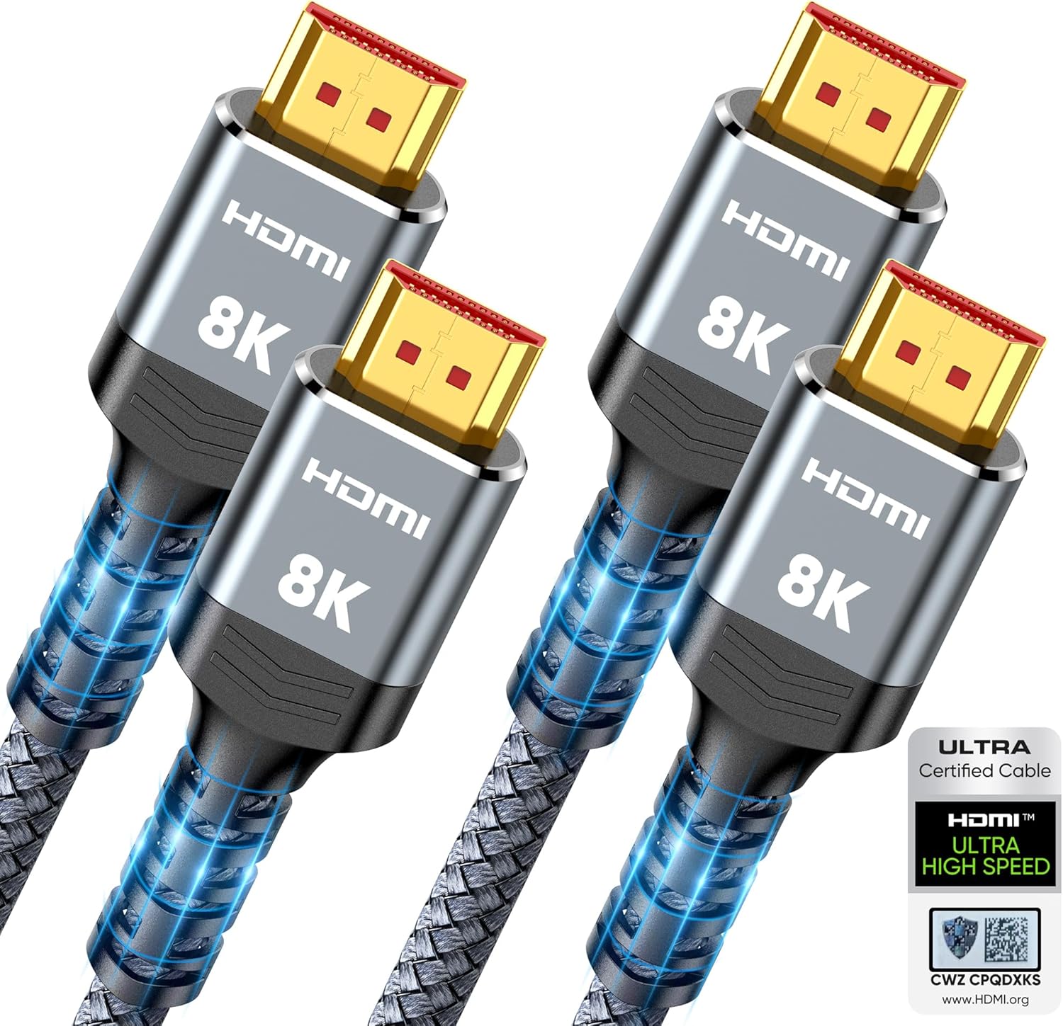 10K 8K HDMI 2.1 Cable 2-Pack 6.6FT, Highwings Certified 48Gbps Ultra High Speed Slim HDMI Cord,Support 4K@120Hz 8K@60Hz, HDCP 2.2&2.3, Dynamic HDR,eARC,DTS:X, Compatible with Roku TV/HDTV/PS5/Blu-ray