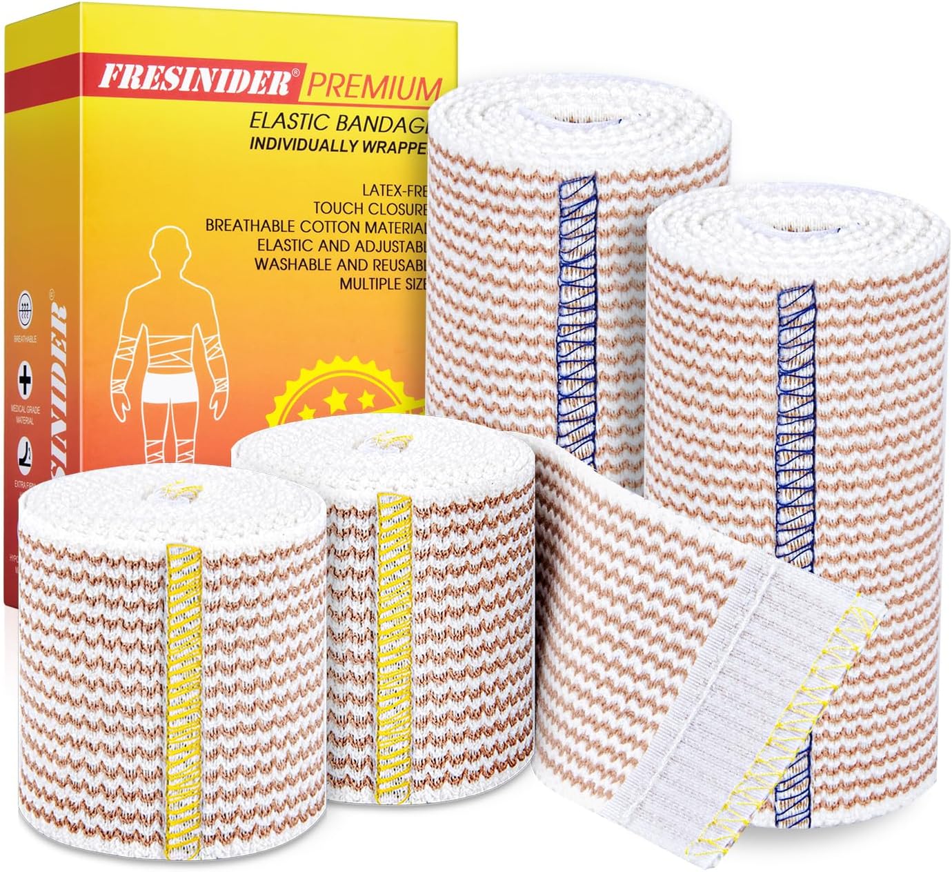 FRESINIDER Elastic Bandage Wrap, 4″ x 2 Pack + 2″ x 2 Pack – Latex Free Cotton Compression Bandage with Hook & Loop Closure at Both Ends, Reusable Wrap for Sports, Medical, and Injury Recovery