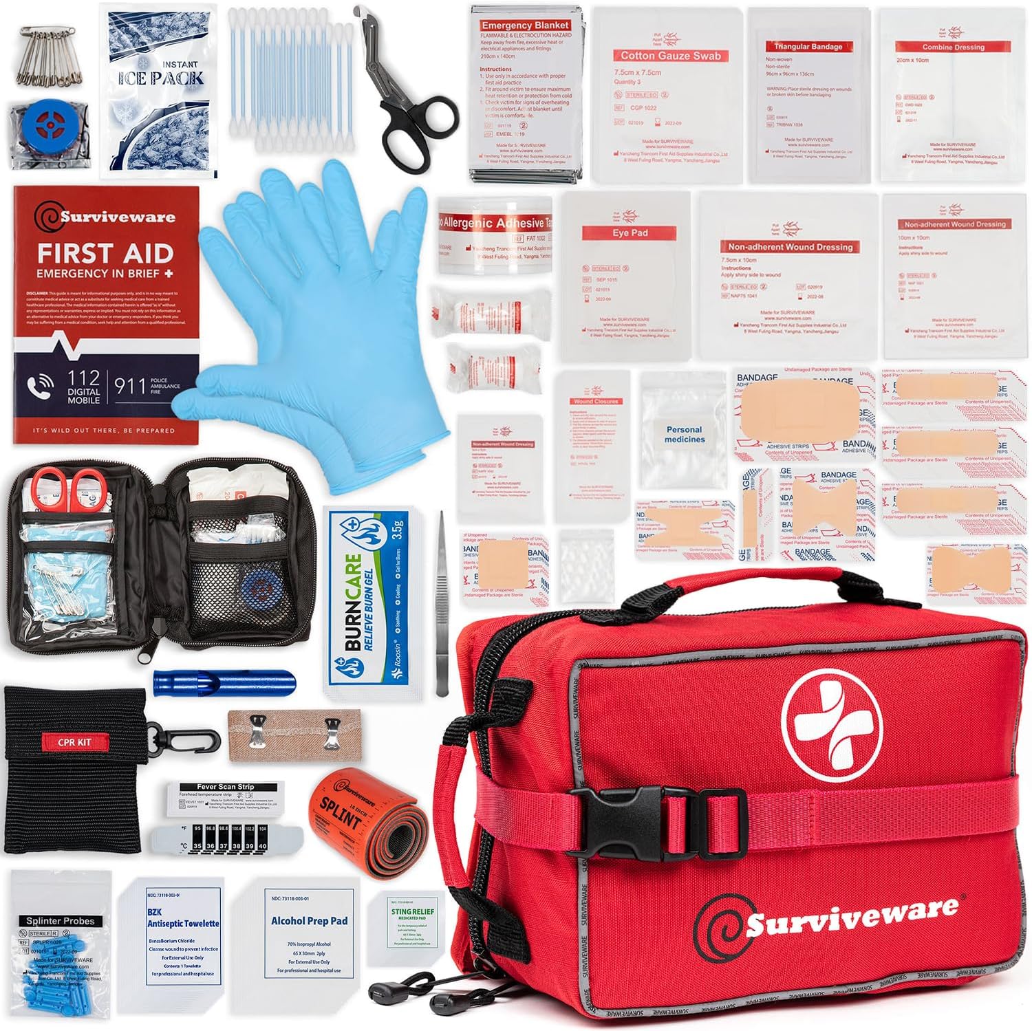 Surviveware 238 Pcs Comprehensive Premium Survival First Aid Kit – Medical Emergency Kit for Travel Camping Gear, Home Essentials & Outdoor Emergencies – Survival Kit
