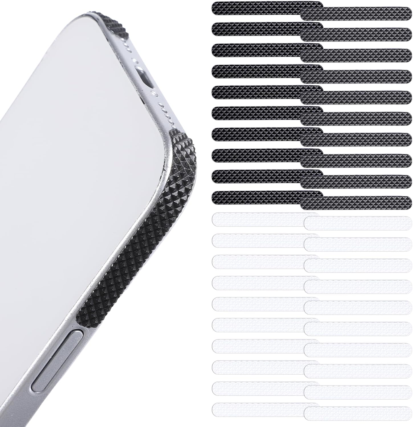 40 PCS Cell Phone Grip Tape, Non Slip Side Sticker Adhesive Grippy Bumper Frame Rubber Stickers for Phone Case Tablet Computer(Black,Transparent)