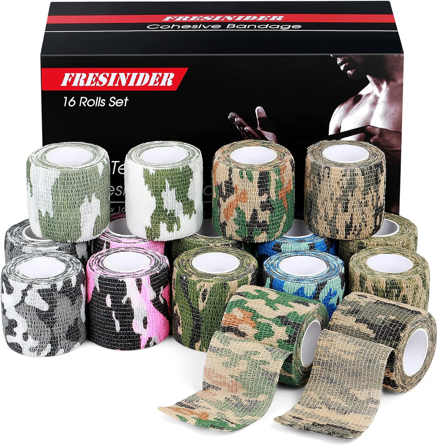 FRESINIDER 16 Rolls Self Adhesive Wrap Athletic Tape Gauze,Medical Bandage,Breathable Elastic Cohesive Bandage for Sports Injury & Pet (Camo)