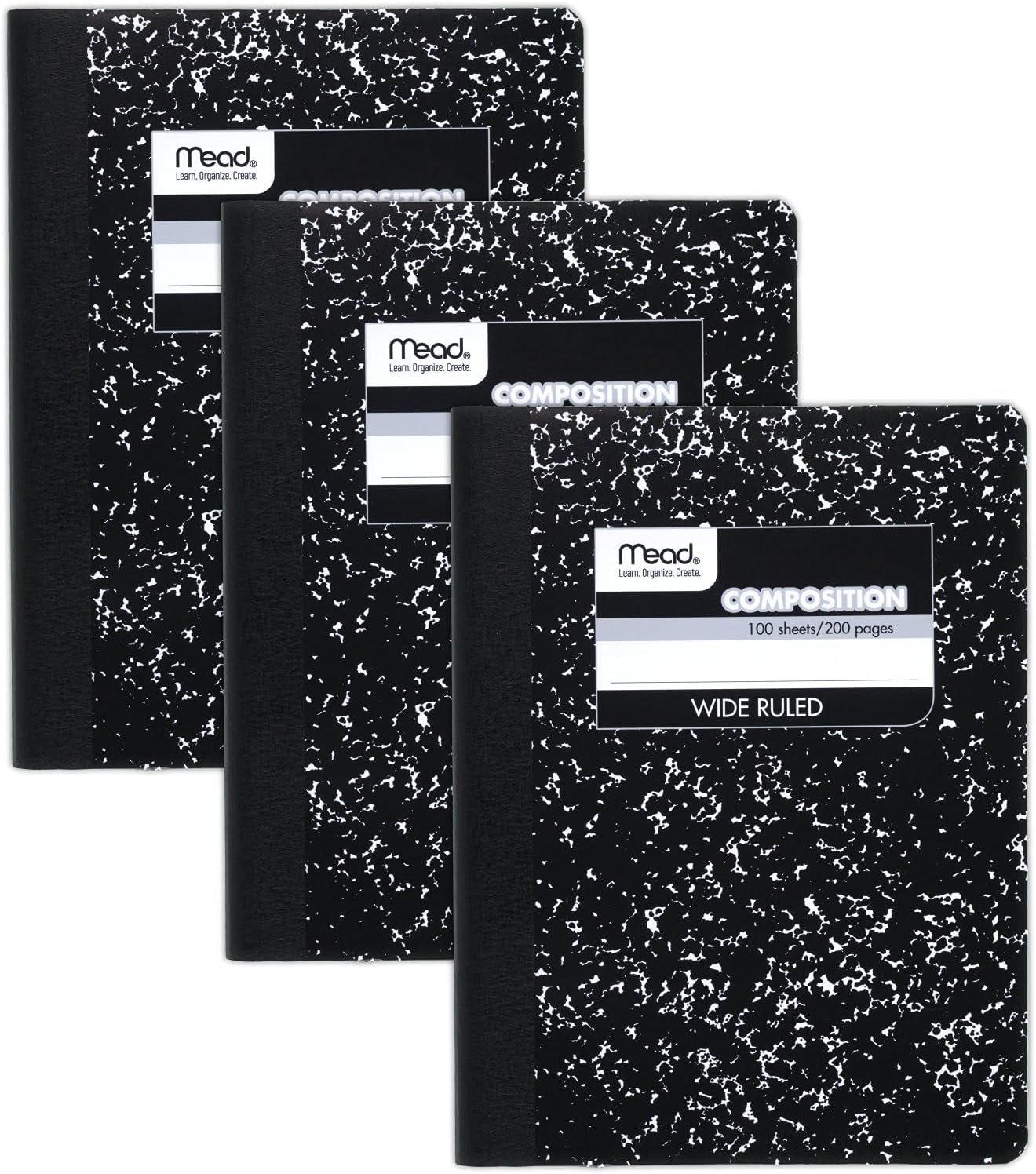 Mead Composition Notebook, 3 Pack, Wide Ruled Paper, 7-1/2″ x 9-3/4″, 100 Sheets per Comp Book, Black Marble (38301)