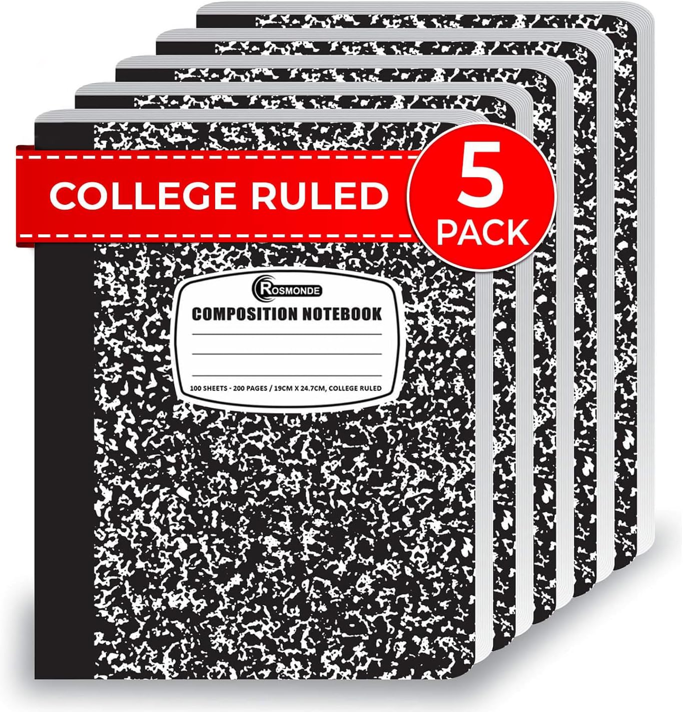 Rosmonde College Ruled Composition Notebooks 5 Pack, 200 Pages (100 Sheets), 9-3/4″ x 7-1/2″, White & Black Marble Composition Book, Hard Cover, Sturdy Sewn Binding, School, College & Office Supplies