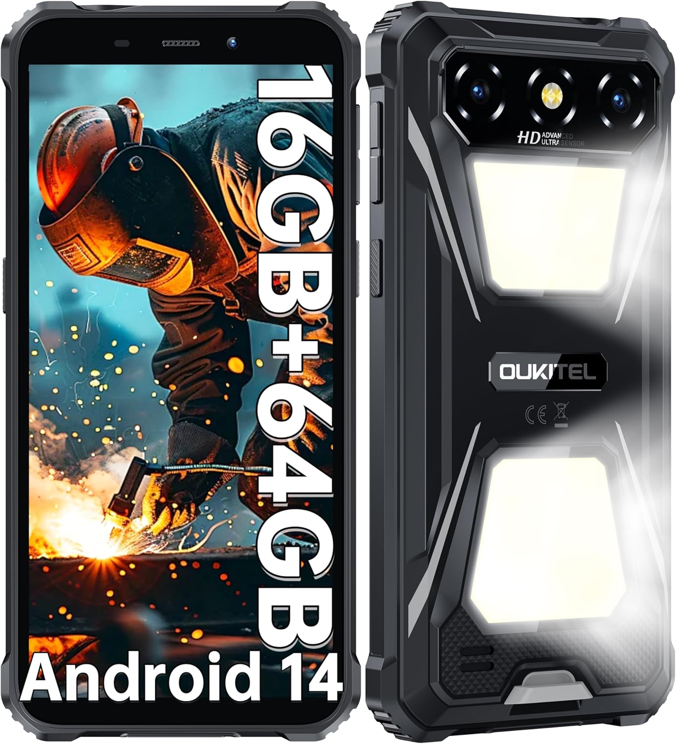 OUKITEL G5 Rugged Smartphone Unlocked – 16GB+64GB (1TB TF) Rugged Android Phone with Camping Light, 6300mAh Battery, 6.0″ HD Screen Cell Phone, 13MP Main Camera, Face ID/GPS, Supports T-Mobile, Black