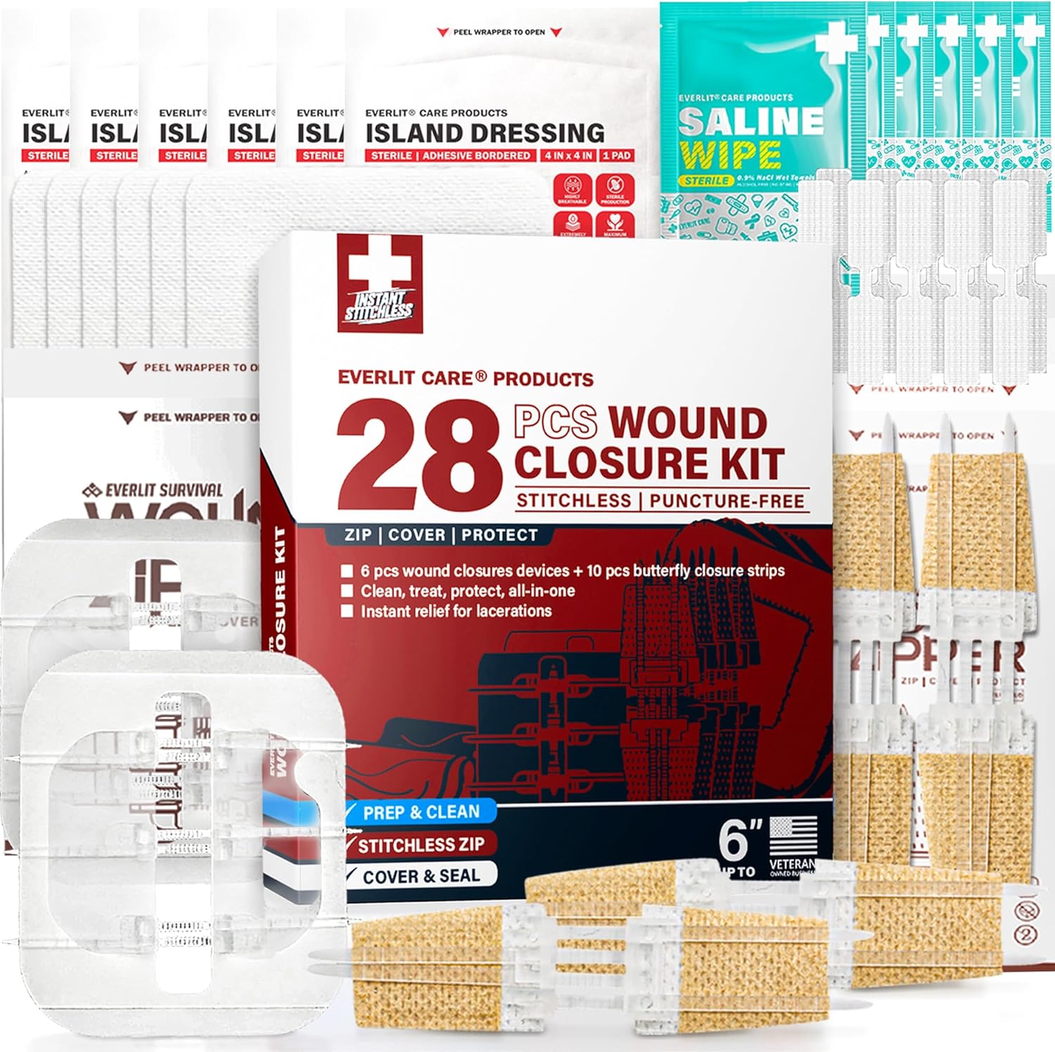 Wound Closure Kit | 28 Pcs All-in-One First Aid with Suture-Free, Stitchless Zip Devices, Butterfly Bandages, for up to 6″ Wounds | 100% Sterile Medical Supplies to Clean, Cover & Heal