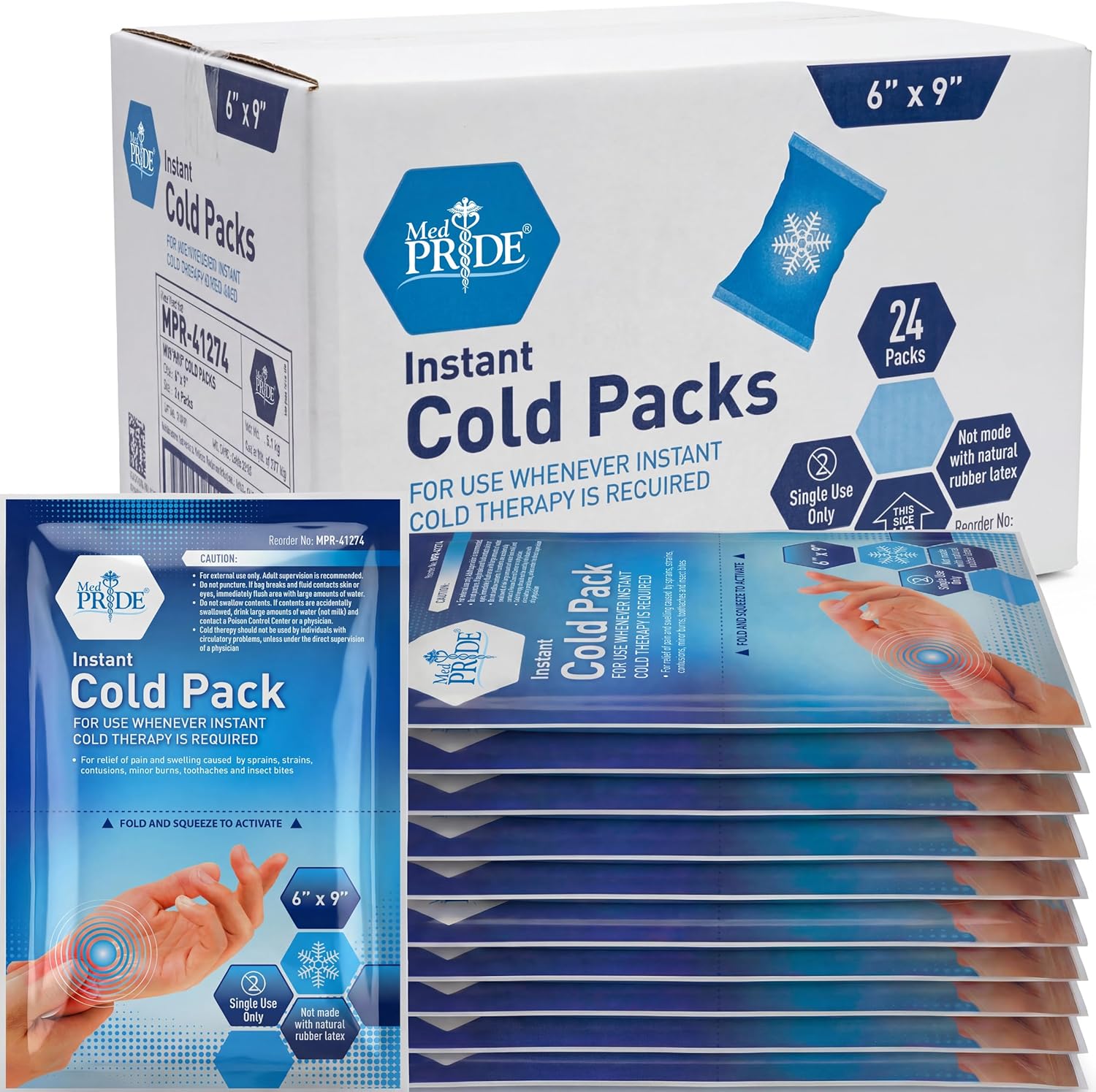 MED PRIDE Disposable Instant Cold Packs for First Aid, Pain Relief, Swelling, Sprains, Injuries, No Freezer Needed (6×9 Inch (Pack of 24) Clear)