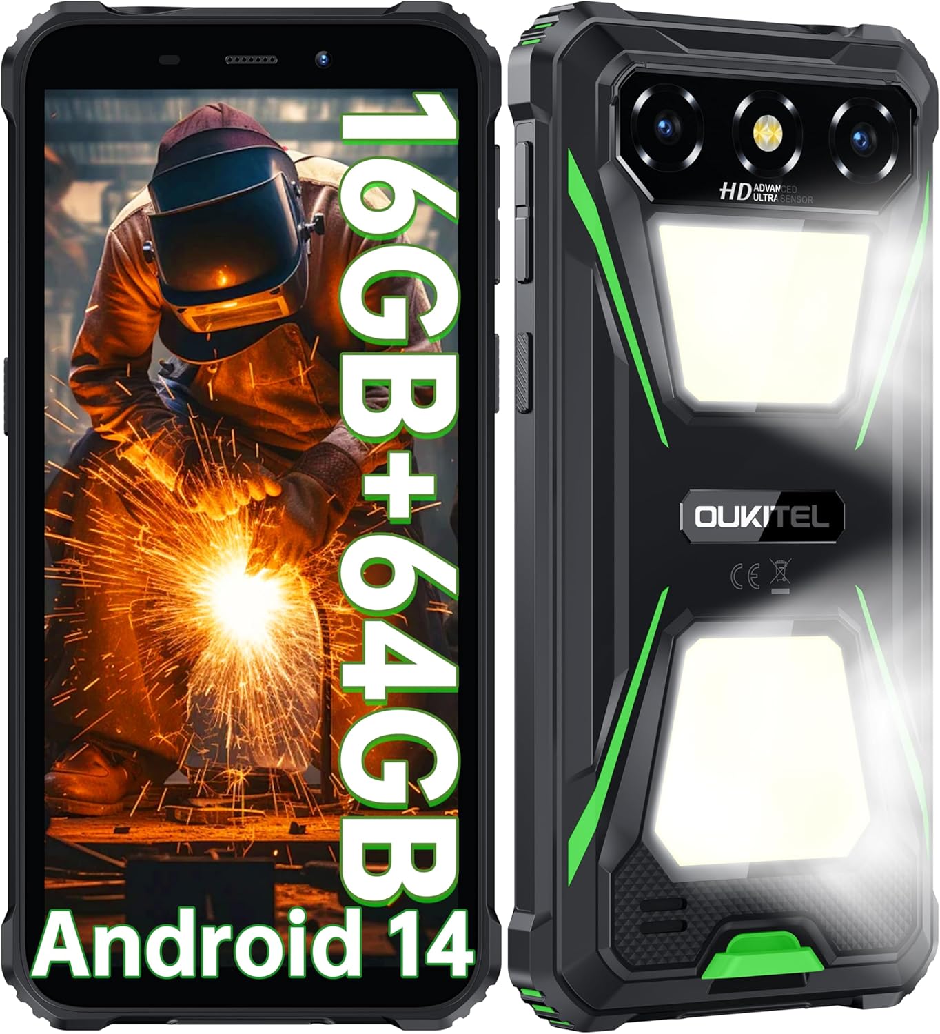 OUKITEL G5 Rugged Phone Unlocked – 16GB+64GB (1TB TF) Rugged Android Smartphone with Camping Light, 6300mAh Battery, 6.0″ HD Screen Mobile Phones, 13MP Main Camera, 3.5mm Jack/Face ID/GPS/OTG, Green