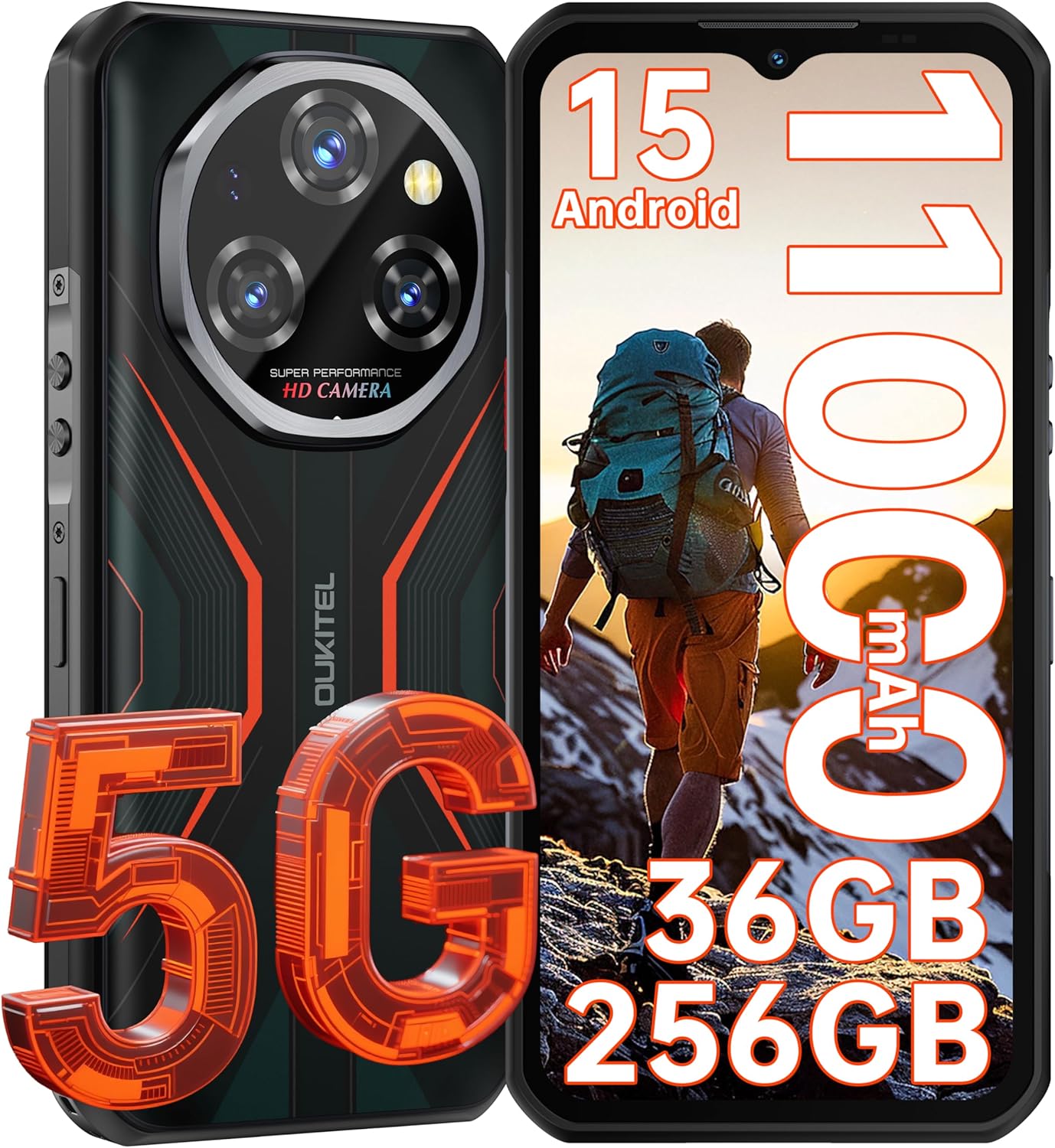 OUKITEL WP55 5G Rugged Smartphone – 36GB+256GB/2TB Android 15 Rugged Phone, 11000mAh Battery,6.6″ FHD+ 120hz Dimensity 7025,108MP+32MP IP68/IP69K Waterproof Cell Phone 5G Dual SIM NFC/OTG/T-Mobile