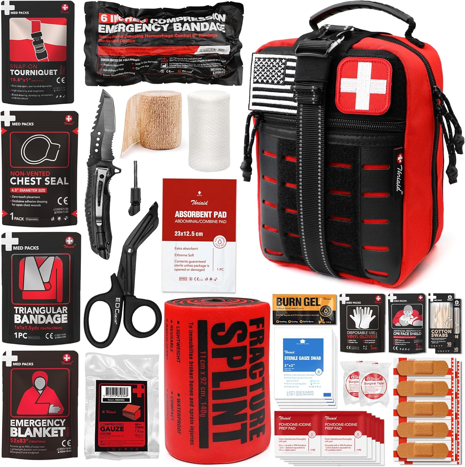 Survival First Aid Kit with Israeli Bandage, Chest Seal, Tourniquet, Splint, Tactical Military Combat Molle IFAK for Wound Care, Bleeding Control, Trauma Hemorrhage and More (Red)