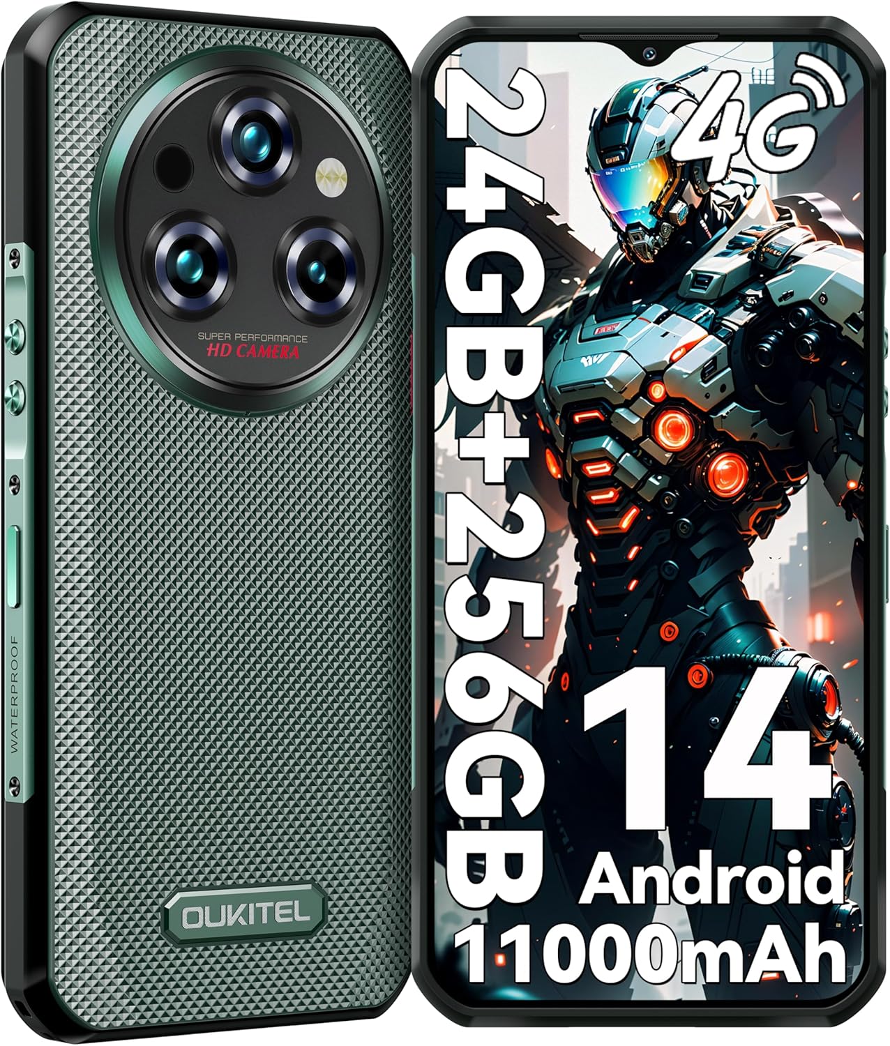 OUKITEL WP35S Rugged Phone Unlocked – 24GB+256GB Android 14 Rugged Phone,11000mAh Large Battery,6.56″ FHD+ 48MP Main Camera IP68/IP69K Waterproof Cell Phone 4G Dual SIM NFC/OTG/BT5.0/T-Mobile,Green