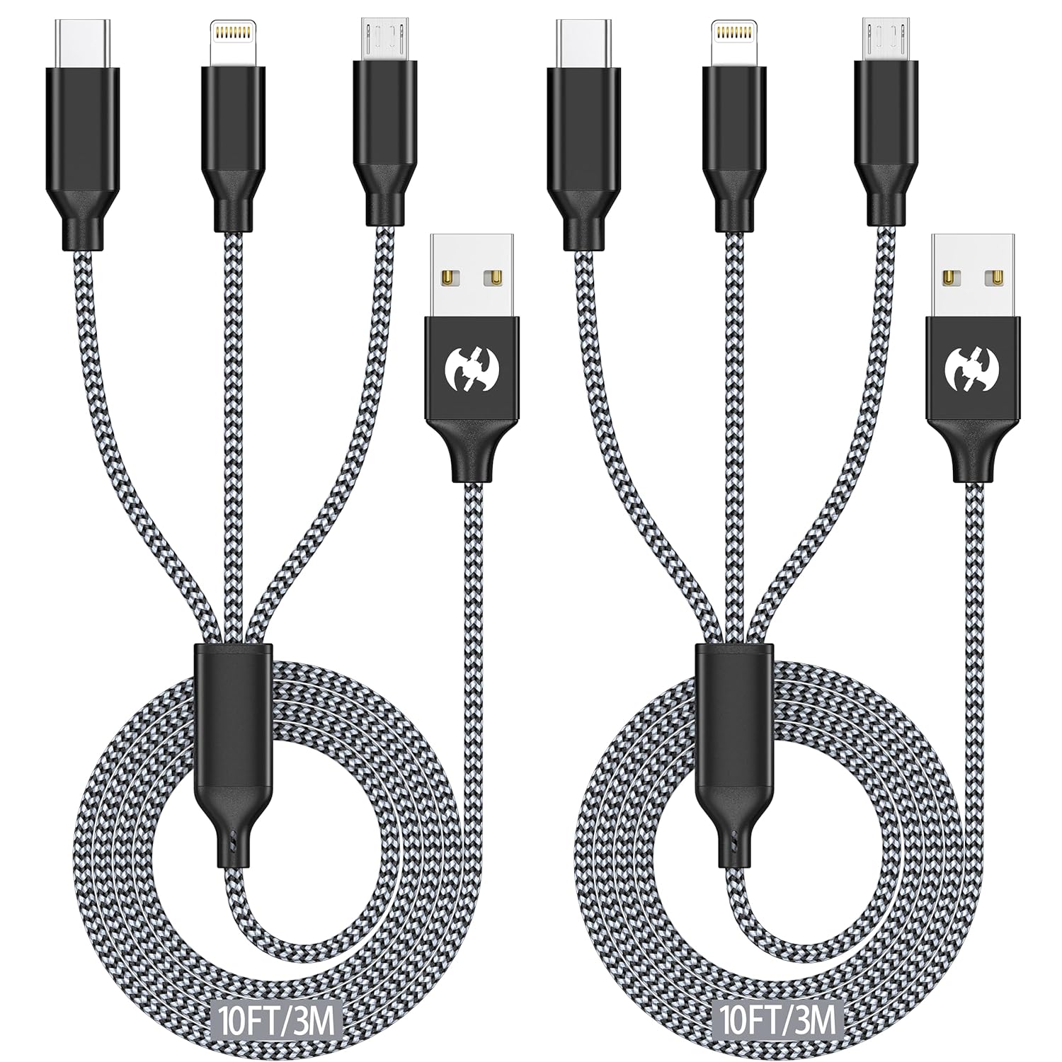 Multi Charging Cable 10ft 2Pack 3 in 1 Charger Cord, Long Multiple Rapid Nylon Braided Cable USB Charging Cable Multi Phone Charger Cord with Type C Micro Lightning USB Connectors for Cell Phones