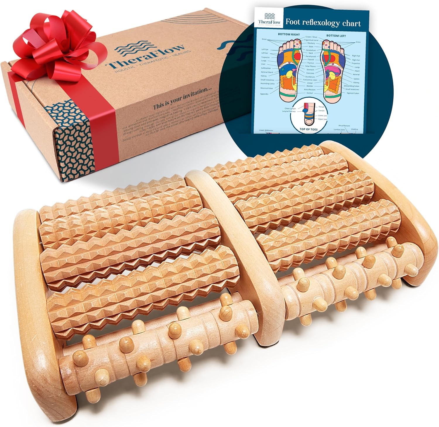TheraFlow Foot Massager for Neuropathy & Plantar Fasciitis Relief – Mom Gifts for Women & Gifts for Dad, Wooden Foot Roller Massager, Neuropathy Pain Relief for Feet (Includes Reflexology Chart)