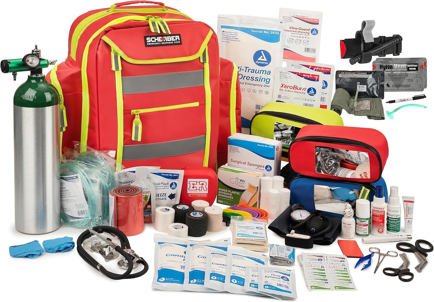 Scherber Fully-Stocked Premium First Responder Backpack | EMT/EMS Medic Trauma, Bleeding & Oxygen Medical Kit | CAT Tourniquet, QuikClot 4×4, HyFin Chest Seal & 250+ First Aid Supplies – Red