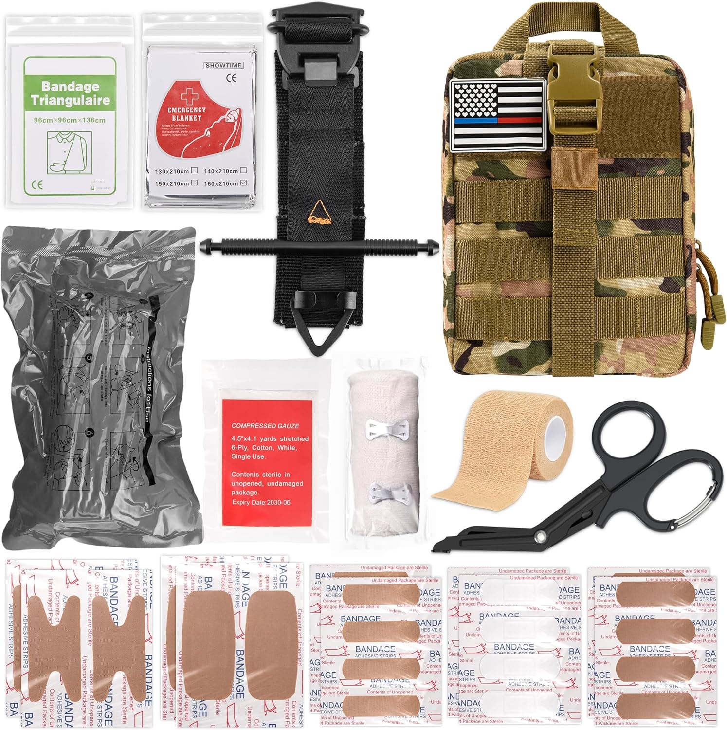 IFAK Trauma Kit with Tourniquet, 4-Inch Israeli Bandage, Tactical First Aid Kit for Car, Camping, Hiking and Travel with Molle Bag (Camouflage Green)